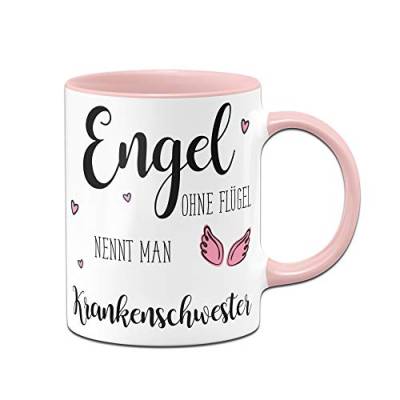 Tassenbrennerei Tasse mit Spruch Engel ohne Flügel nennt Man Krankenschwester - Geschenk für Deine Pflegerin (Rosa) von Tassenbrennerei