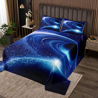 Blauer Galaxiedruck Tagesdecke 3D Universum Planet Bettüberwurf 170x210cm Raum Sternenhimmel Steppdecke Kinder Mikrofaser Bettdecke Stepp Decke mit 1 Kissenbezug 80x80 cm von Tbrand