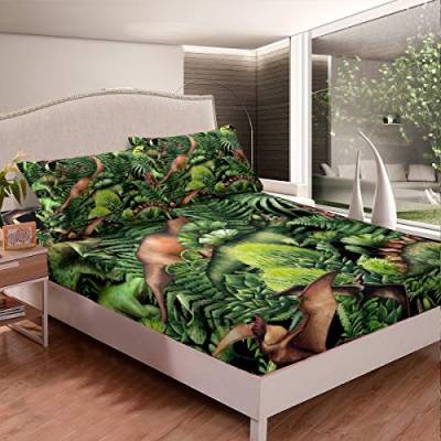 Tbrand Dinosaurier Spannbetttuch Wald Dino Spannbettlaken 90x200cm für Kinder Jungen Mädchen Karikatur Tier Bettlaken Set Grüner Zweig Ultra weich Dekor rutschfeste 2St von Tbrand