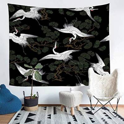 Tbrand Weiße Kraniche Tapisserie Wandteppich 175x230cm exotischen Tier Wandbehang Japanischer Vogel Grün Schwarz Schlafzimmer Dekor Wandtuch von Tbrand