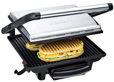 Tefal Kontaktgrill Inicio GC241D | Elektrogrill/Sandwichtoaster | Fettarmes Grillen | Panini,Toasts,Steak,Gemüse | Antihaftbeschichtete Grillplatten | 2000W | 36.3x10.8x33.2cm | Edelstahl/Schwarz von Tefal