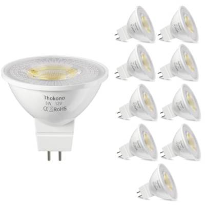 Thokono MR16 GU5.3 LED Kaltweiss 6000K, 5W Ersetzt 50W Halogenlampen Glühlampen, 550Lm, 10er-Pack, AC/DC 12V Flimmerfrei Strahler, 24°Abstrahlwinkel Einbaubeleuchtung, Nicht-Dimmbar LED Reflektorlampe von Thokono