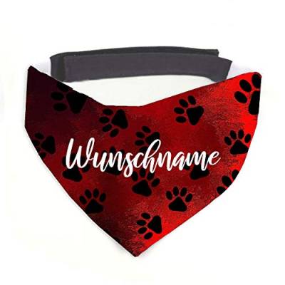 Tierisch-tolle Geschenke Hundehalstuch mit Namen Vintage Pfötchen rot personalisiert inklusive Wunschname mit 12 cm Klettverschluss für kleine, mittlere und große Hunde (S = Halsumfang: 32-38 cm) von Tierisch-tolle Geschenke