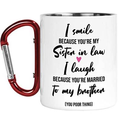 Karabiner Tasse | Camper Cup | Thermobecher | I Smile Because You're My Sister in Law | Lustiger Banter Naturliebhaber Outdoor Walking | CMBH173 von Tongue in Peach