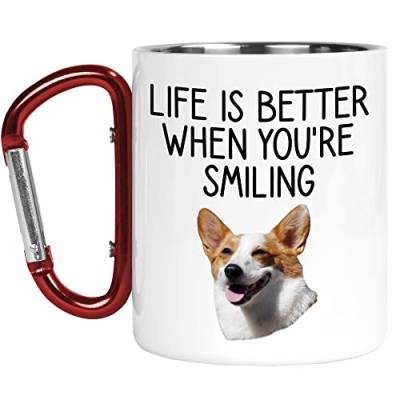 Karabiner-Tasse | Camper Cup | Thermobecher | Life is better when you are smiling | Corgi Dog Positive Nature Lover Outdoor Walking | CMBH215 von Tongue in Peach
