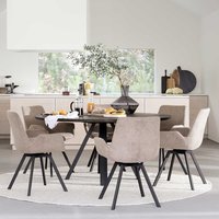 Esszimmer Komplett in Eiche dunkel und Beige sechs Stühle (siebenteilig) von TopDesign