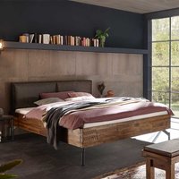 Loft Design Bett aus Akazie Massivholz Polsterkopfteil in Dunkelbraun von TopDesign
