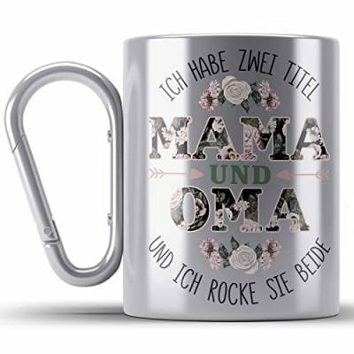 Trendation - Mama und Oma Edelstahl Tasse Karabiner Geschenk für Oma Weihnachten Geburtstag Lustige Edelstahl Tasse Karabiner Beste Oma (Silber) von Trendation