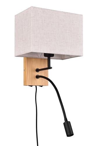 Trio Leuchten Wandleuchte Nilam 212870236, Holz naturbelassen, Schirm Stoff, exkl. 1x E27, Lesearm inkl. 3.1 Watt LED, Flex Connect, Weiß von Trio Leuchten