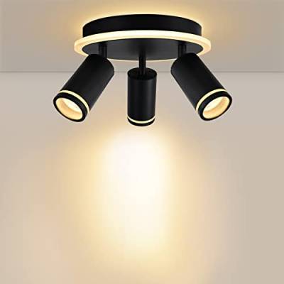 URing Deckenlampe LED Deckenstrahler 3 flammig Schwarz - Flur Deckenleuchte mit unteres Glühen Warmweiß 8W+ 3x 5W GU10 2200LM 3000K Rund Deckenspots Modern Schwenkbar lampe decke Wandspot für Küche von URing