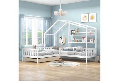 Ulife Jugendbett Kinderbett Hausbett mit Schubladen und Regale L-Struktur, 90x200cm+70x140cm von Ulife