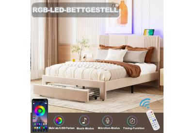 Ulife Polsterbett Doppelbett Jugendbett mit Lichtleiste und USB-Buchse, Rückenlehne und großer Schublade, 140 x 200 cm von Ulife