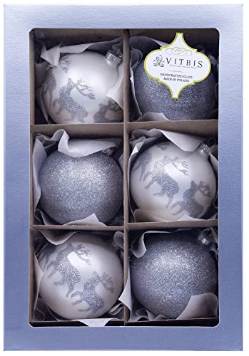 VITBIS Glaskugeln für Weihnachtsbaumschmuck Set mit 6 Einzigartigen Kugeln Ø 8 cm in Weiß mit Silbernem Rentiermotiv und Glitzer Handdekoriert Handbemalt Unique Weihnachtsdekoration von VITBIS