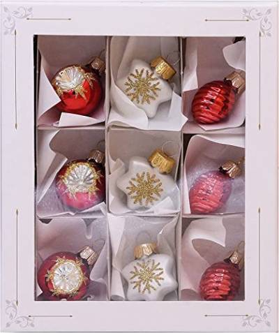 VITBIS Glaskugeln für Weihnachtsbaumschmuck Set mit 9 Kleinen Einzigartigen Kugeln Verschiedene Formen Ø 3,5 cm in Weiß und Rot Handdekoriert Handbemalt Unique Weihnachtsdekoration von VITBIS