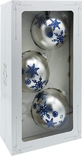 Vitbis Glaskugeln für Weihnachtsbaumschmuck Set mit 3 Einzigartigen Kugeln Handdekoriert Handbemalt Weihnachtsdekoration Durchmesser 10 cm in Silber mit Winterlichem Schneeflocken Dekor von VITBIS