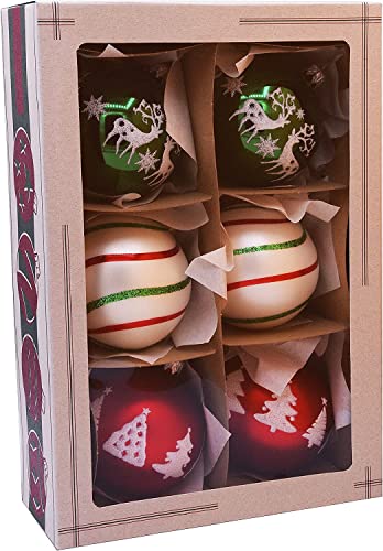 Vitbis Weihnachtsbaumschmuck Set von Sechs 8 cm Durchmesser weiße Farbe mit Rentiere Dekor und Glitzer Mundgeblasenen Handgefertigt Handgemalten Kugeln in Einer Box von VITBIS