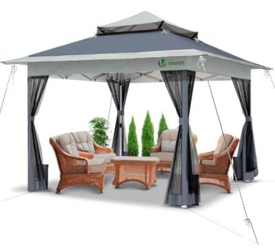 VOUNOT Pavillon Faltbar 3,6x3,6m, Pop Up Partyzelt mit Mesh Sides & Doppeldach, Faltpavillon Stabil mit Bein Gewichte & Roller Bag, Gartenpavillon Gartenzelt Grau von VOUNOT