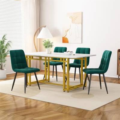VRYGLEN Golden Eisen Beintisch mit 4 Stühlen Set, Moderne Küche Esstisch Set, Dunkelgrau Samt Esszimmerstühle, 120x70cm (Dunkelgrüner) von VRYGLEN