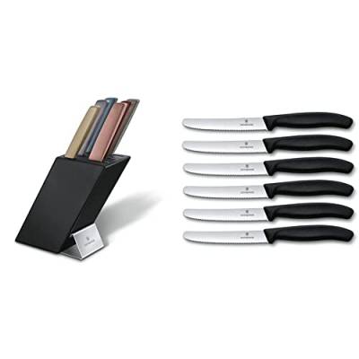 Swiss Modern Messerblock, 6-teilig, farbig, Buchenholz schwarz & 6 Stück Tafelmesser - Tomatenmesser Swiss Classic mit Wellenschliff rostfrei - Swiss Made - schwarz von Victorinox