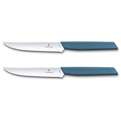 Victorinox, Swiss Modern, Profi Steakmesser Set, 2-teilig, Extra Scharfe Klinge, Wellenschliff, 12 cm, Robuster Kunststoffgriff, Rostfreier Stahl, kornblumen-blau von Victorinox