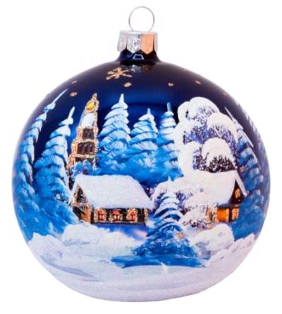 Vitbis Weihnachtsbaum Ornament Glänzendes Marineblau mit Winterlandschaft Kirche Große Dekor 10 cm Durchmesser Handgefertigt Handbemalt Mundgeblasen Kugel Geschenkidee von VITBIS