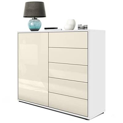 Vladon Sideboard Ben V2, Made in Germany, Kommode mit 1 Tür und 5 Schubladen, Weiß matt/Creme Hochglanz (79 x 74 x 36 cm) von Vladon