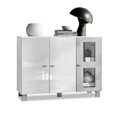 Vladon Sideboard Denjo, Made in Germany, Kommode mit 3 Türen, Weiß matt/Weiß Hochglanz/Beton Oxid-Optik (107 x 81 x 35 cm) von Vladon