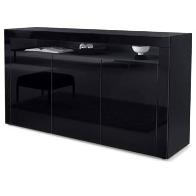 Vladon Sideboard Valencia, Made in Germany, Kommode mit 3 Türen und 1 offenem Fach, Schwarz matt/Schwarz Hochglanz/Schwarz Hochglanz (155 x 92 x 40 cm) von Vladon