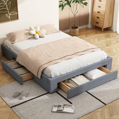 WIZBED Futonbett Polsterbett 160x200 mit 3 Schublade, Bodenbett Bettgestell mit Lattenrost, Höche 34 cm - Gepolsterter Flachbett Bett, Doppelbett ohne Kopfteil & Matratze von WIZBED