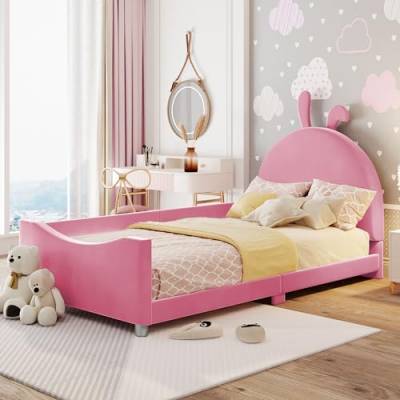 WIZBED Kinderbett Bett 90x200 mit Lattenrost Polsterbett Mädchen Einzelbett, Schlafsofa Bettgestell Teddystoff Bett mit Rückenlehne Jugendbett,ohne Matratze,Rosa A von WIZBED