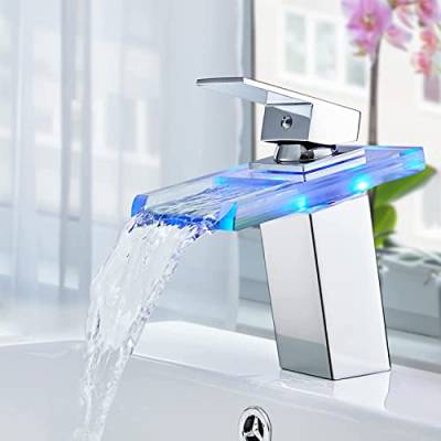 LED Wasserhahn Wasserfall Waschtischarmatur Bad Armatur Waschbeckenarmatur Einhebelmischer Badarmatur mit 3 x Farbewechsel Beleuchtung für Badezimmer von WOQLIBE