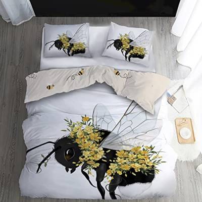 Bienen Bettwäsche 140x200, Blumen WendeBettwäsche 2 Teilig - 110gsm Microfaser, Weiche und Angenehme Bettbezug Set mit Reißverschluss, 1 Kissenbezug 70x90 cm von WQIZXCW