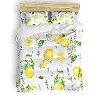 Lavendel Zitrone Bettwäsche 200x220, Früchte Blumen Blätter Microfaser Bettbezug Set 3 Teilig - Weich & Angenehm & Atmungsaktiv, 1 Bettbezüge mit Reißverschluss + 2 Kissenbezug 80x80 cm von WQIZXCW