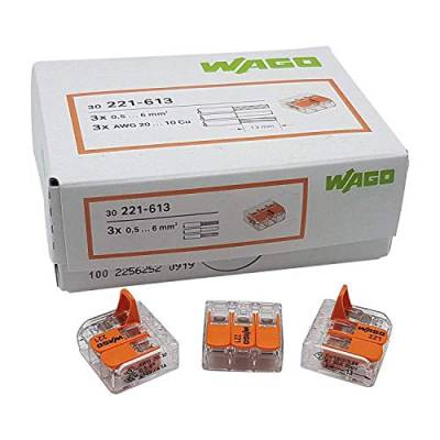 WAGO Steckklemme 3-Fach mit Hebel für starre und flexible Drähte (0,5-6 mm²) zum wieder öffnen transparent/orange Inhalt 30 Stück von WAGO