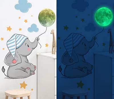 WandSticker4U®- XXL Wandtattoo Kinderzimmer ELEFANT + LEUCHT MOND (70x75 cm) I Leuchtsticker Mond leuchtend im Dunkeln I Aufkleber Wandsticker Mädchen Babyzimmer Deko GROß von WandSticker4U