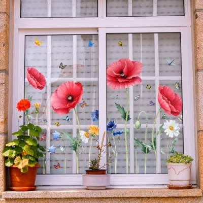 WandSticker4U®- wiederverwendbar Fensterbilder MOHNBLUMEN Rot I Fenster Aufkleber 88 x 57 cm I Blume Schmetterling Wiese I Fenstersticker Kinder-zimmer selbstklebend Mädchen & Junge Deko von WandSticker4U