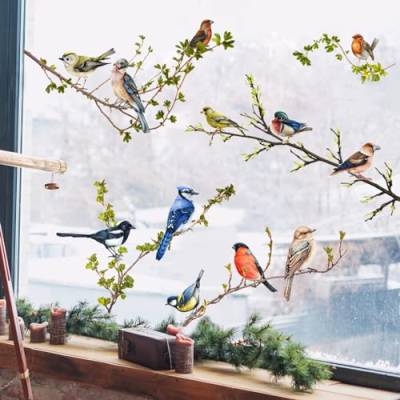 WandSticker4U® - wiederverwendbare Fensterbilder selbstklebend VÖGEL AUF ÄSTEN I Grün Rot Blau I Fenster Aufkleber Fenstersticker Frühling Sommer Schlafzimmer Wohnzimmer Kinder-zimmer Deko von WandSticker4U