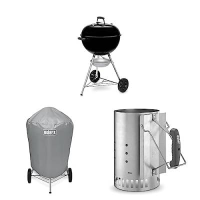 Weber Original Kettle Holzkohlegrill, 57 cm, Schwarz & 7176 Grill-Abdeckhaube für Holzkohlegrills mit einem Durchmesser von 57 cm & 7416 Anz ndkamin Rapidfire, Grillen mit Kohle von Weber