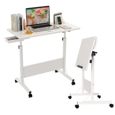 Wohenster Klapptisch Laptoptisch höhenverstellbarer Schreibtisch mit drehbarer Rollen Portable Faltbar PC Tisch Klein Campingtisch klappbar Arbeitstisch, 80x40x65-88cm Weiß Foldable Table für Home von Wohenster