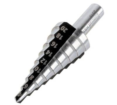 wolfcraft I 2515000 I Stufenbohrer HSS I für Edelstahl, Stahlbleche, NE-Metalle, Kunststoffe I aus Werkzeugstahl gefertigt I Stufendurchmesser: Ø 4 - 20 mm I Arbeitslänge: 42,5 mm I Schaft: Ø 8 mm von wolfcraft