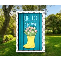 Hello Spring Rain Boot Tulpe Garten Flagge, Meter Floral, Tulpen, Garten, Frühling, Outdoor Dekor, Regenstiefel von WoodridgeCreek