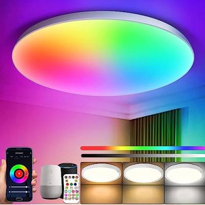 Woukksy LED Deckenleuchte Dimmbar 24W Deckenlampe mit Fernbedienung oder APP-Steuerung, RGB Ultradünn Flach Rund Deckenlampe Alexa Kompatibel, für Wohnzimmer Schlafzimmer Kinderzimmer Küche Flur von Woukksy