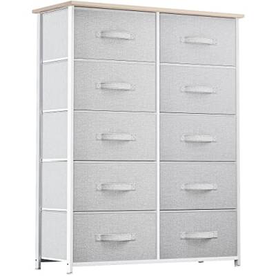 YITAHOME Kommode mit 10 Schubladen, Schrank mit Schubladen aus Stoff, Aufbewahrungskommode Industrial Stil für Schlafzimmer, Wohnzimmer, Kinderzimmer, Aufbewahrungsschrank (Hellgrau) von YITAHOME