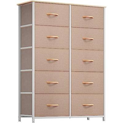 YITAHOME Kommode mit Schubladen, Schrank mit 10 Schubladen aus Stoff, Aufbewahrungskommode Industrial Stil für Schlafzimmer, Wohnzimmer, Kinderzimmer, Flur, Aufbewahrungsschrank (Beige) von YITAHOME