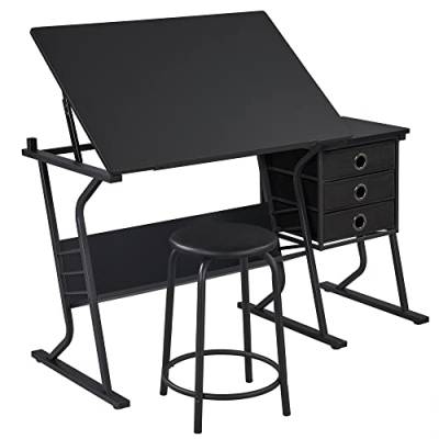 Yaheetech Zeichentisch-Set Schreibtisch mit Kippbarer Tischplatte & Beistelltisch mit 3 Schubladen & Runder Stuhl & Ablageregal für Schreiben/Lesen/Malen/Zeichnen von Yaheetech