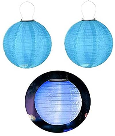 Youning Lampion LED Solar Laternen für außen, Wetterfest Hängende Laterne Papierlampen, Rund Lampenschirm Papierlaterne Gartenlaterne für Hochtzeit, Kirche, Garten, Party Dekoration (2PC/Blau/24cm) von Youning