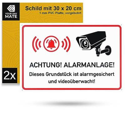 Hinweisschild "ACHTUNG! ALARMANLAGE! Grundstück wird videoüberwacht!", 2 Stück, 30 x 20 cm, 1 mm starkes PVC Schild mit Bohrlöchern, Warnschild alarmgesichert für Innen- und Außenbereich, CCTV Hinweis von Your Day Mate