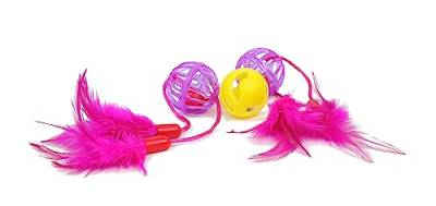 ZAMIBO Ball aus hartem Kunststoff, Glöckchen, Federn, 3 Stück, 3 cm, Rosa und Gelb von ZAMIBO