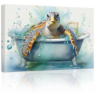 ZXHYWYM Badezimmerbilder Meeresschildkröte in der Badewanne Bild blauer Ozean Leinwanddrucke Heimdekoration für Kinderzimmer Gerahmt (Bild-1, (40.00 x 60.00 cms)) von ZXHYWYM