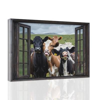 ZXHYWYM Fensterbilder rustikale Kuh Wanddekoration lustige Kühe Leinwanddruck Bauernhaus Tier Kunstwerk Landhaus Badezimmer Dekoration mit Rahmen (D (30.00 x 45.00 cms)) von ZXHYWYM